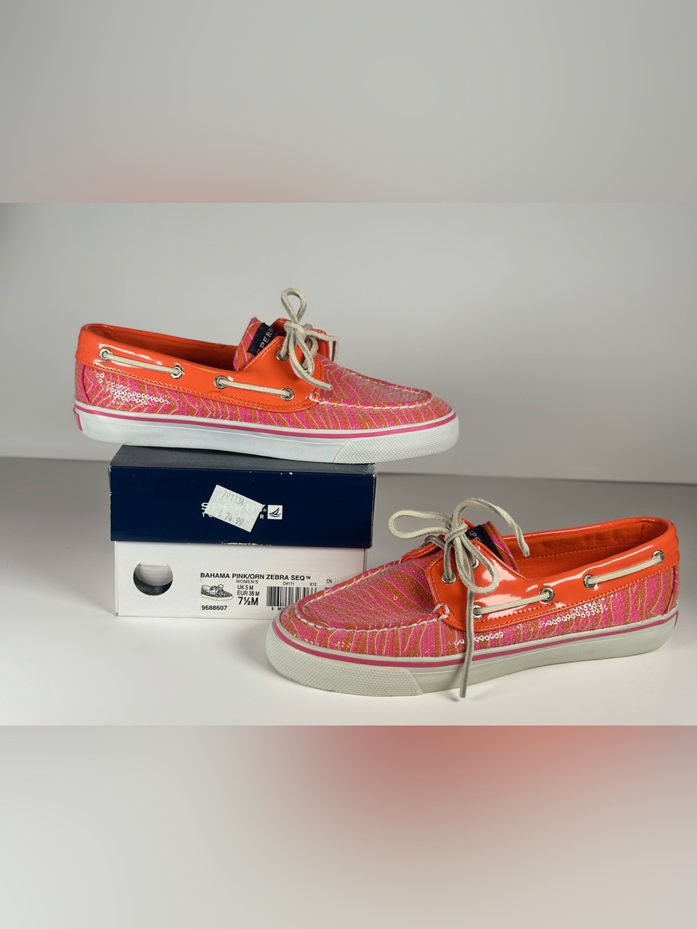 Sperry Pink and Orange Sequined Zebra Boat Shoes